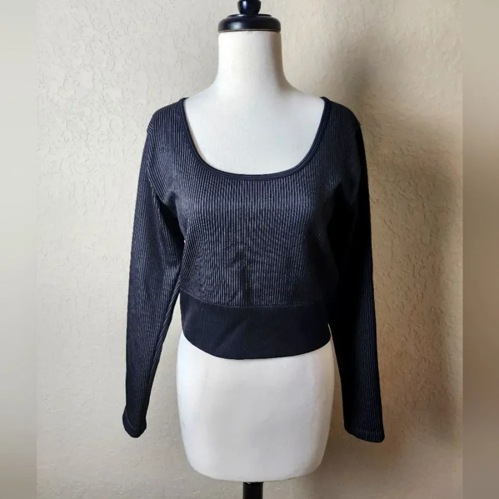 Aerie Offline Ribbed Long Sleeve Cropped Top Black Size XXL New